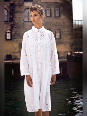Bitte Kai Rand White Eyelet Cutwork Cotton Shirt Drop Waist Dress Midi Size2 M/L